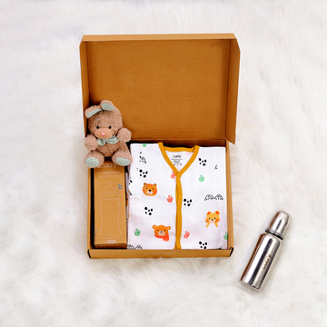 Luay Premium Gift Box Set with The Baby Romper, Baby Feeding Bottle and Teddy Bear Best Assorted Hamper for Babies