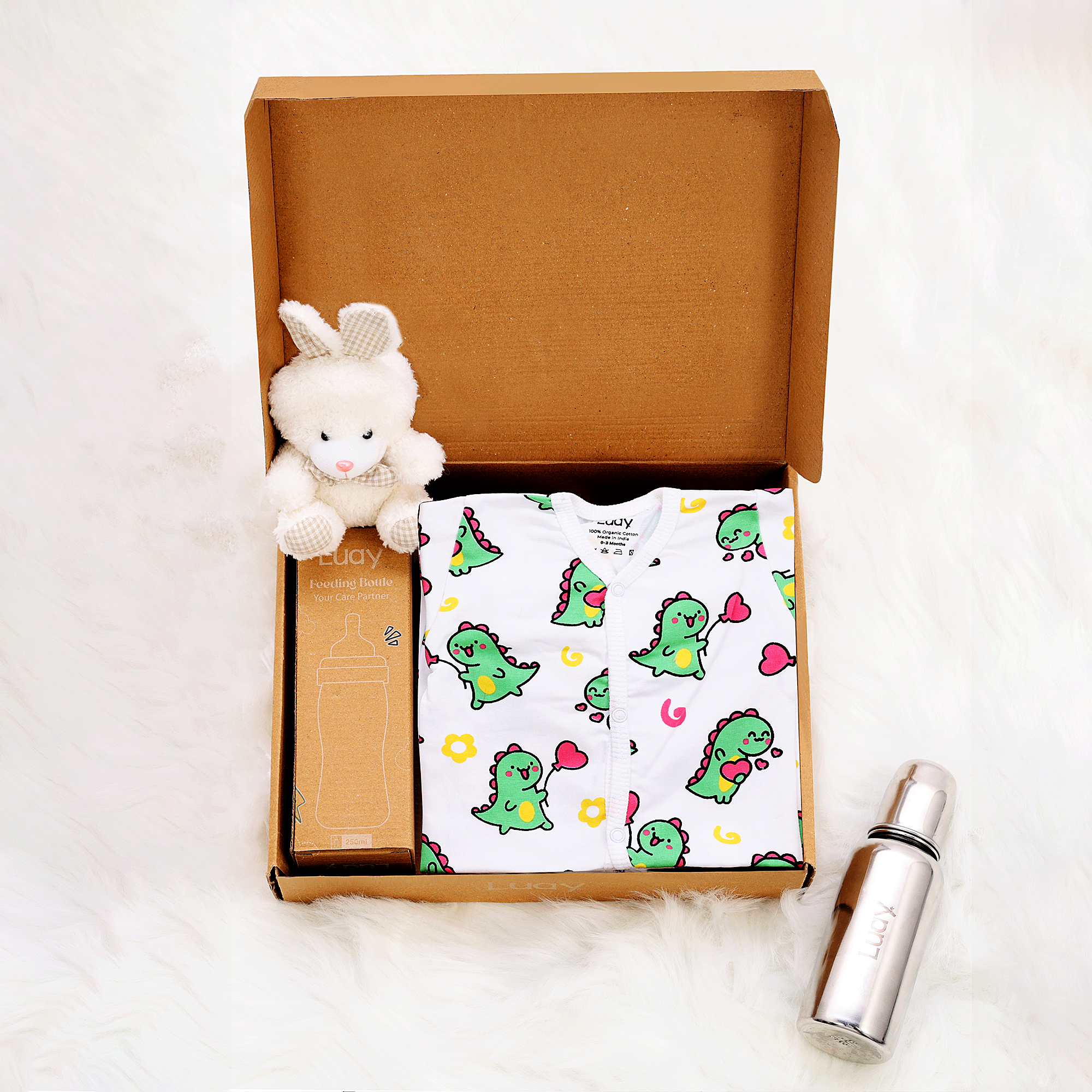 Luay Premium Gift Box Set with The Baby Romper, Baby Feeding Bottle and Teddy Bear Best Assorted Hamper for Babies
