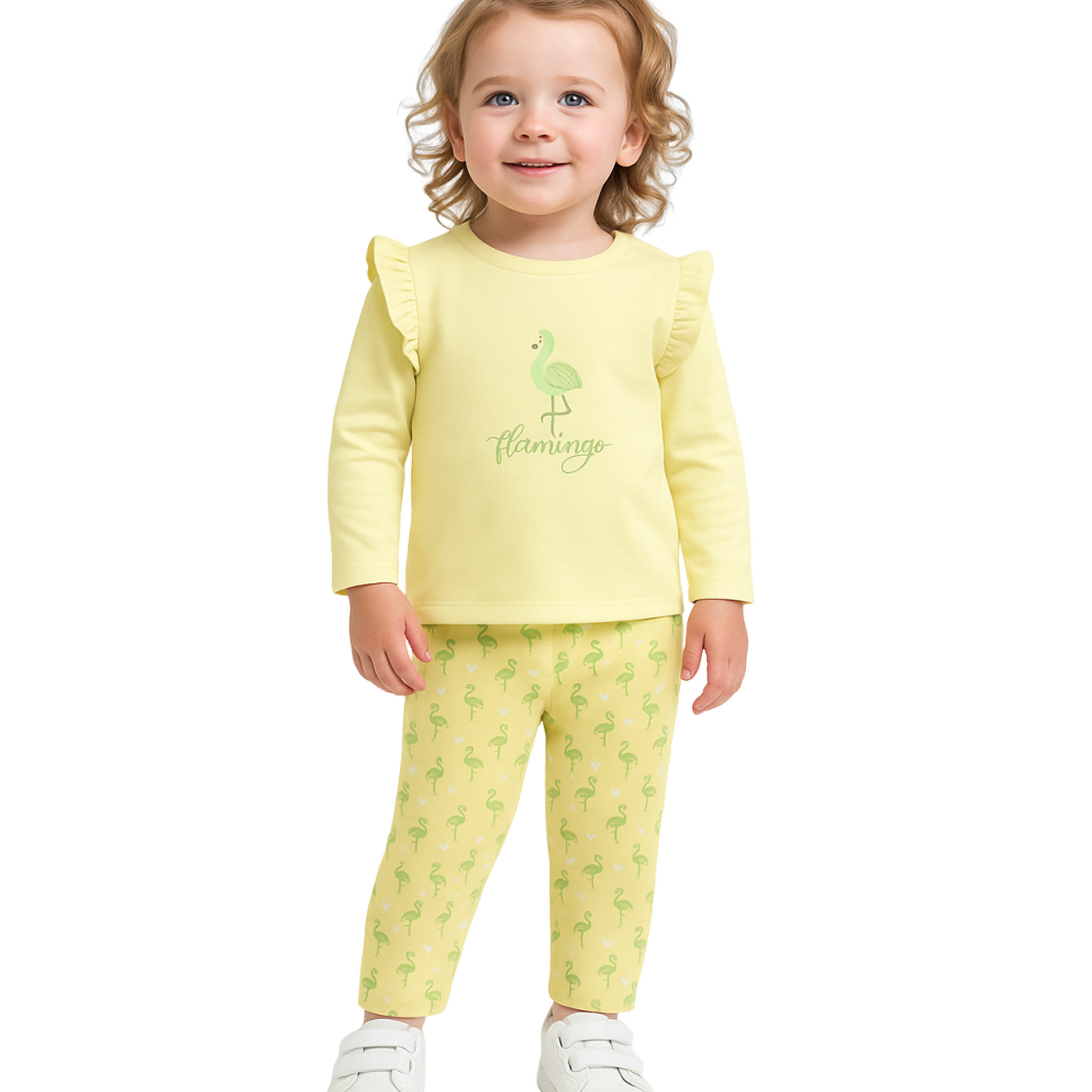 Luay® 100% Cotton Flamingo Printed Co-ord Set | Ultra-Soft Stylish & Classy Oufits | Full-Sleeve T-Shirt & Comfy Pants - Soft Yellow