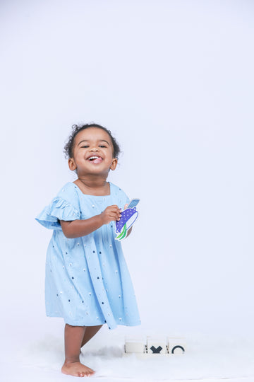 LUAY Girls 100% Bamboo based Ultra-Soft fabric Dress with ruffled sleeves_Clear Blue