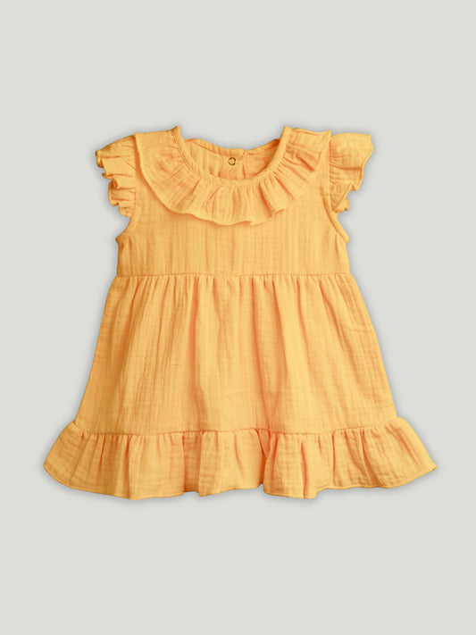 LUAY 100% Linen Mustard Baby Frock, with Frills, Dress for Baby Girls, Cute and Trendy Summer Dress for Babies.