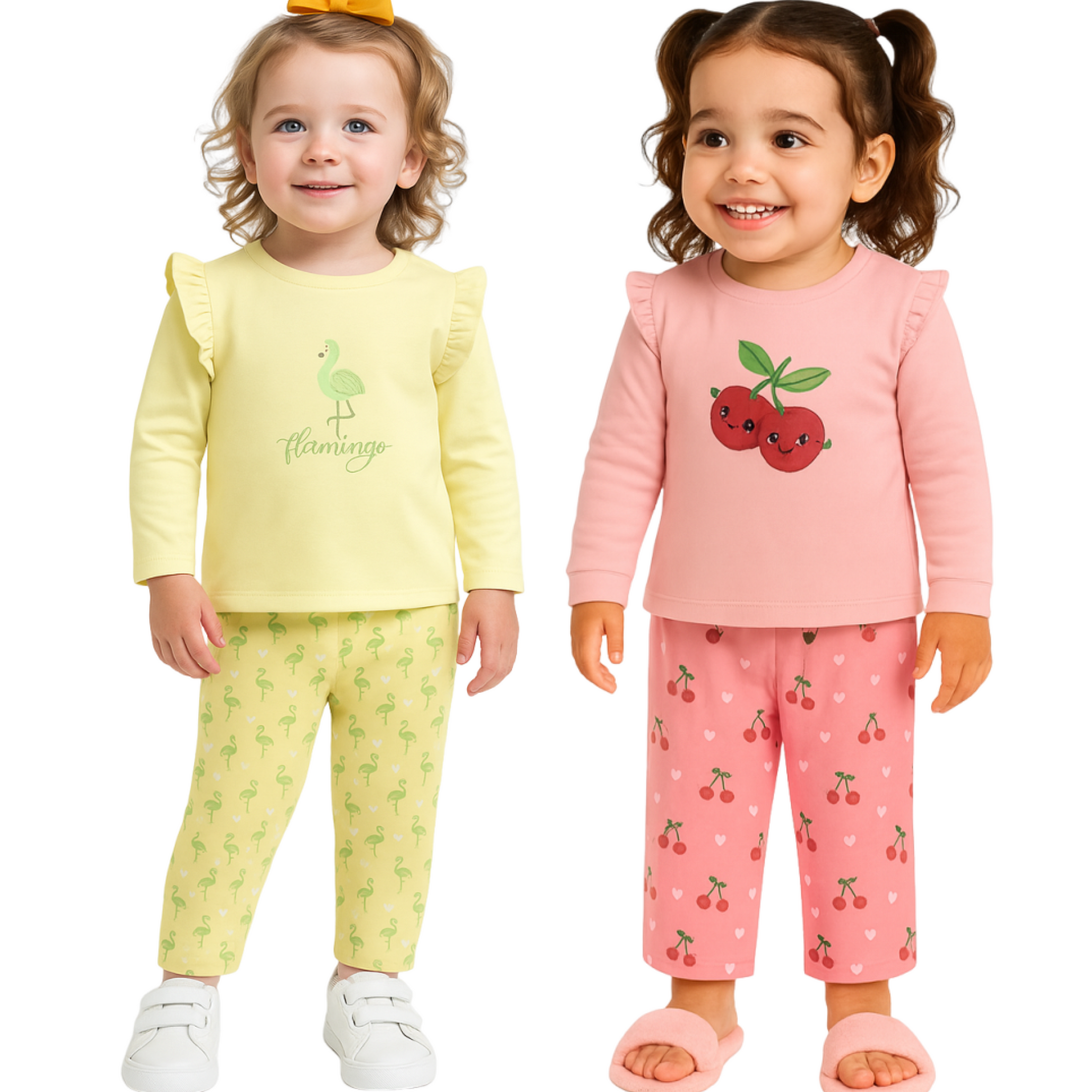 Luay® 100% Cotton Printed Combo Co-ord Set | Ultra-Soft Stylish & Classy Oufits | Full-Sleeve T-Shirt & Comfy Pants - Soft Yellow & Pink.