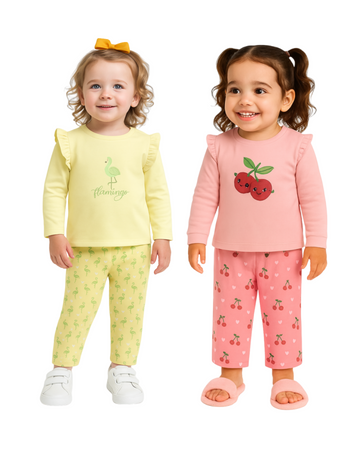 Luay® 100% Cotton Printed Combo Co-ord Set | Ultra-Soft Stylish & Classy Oufits | Full-Sleeve T-Shirt & Comfy Pants - Soft Yellow & Pink.