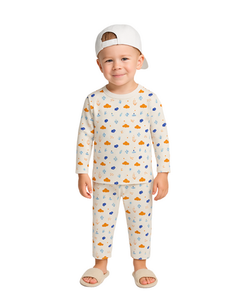 Luay® 100% Cotton Cloud & Nature Printed Co-ord Set | Ultra-Soft Stylish & Classy Oufits | Full-Sleeve T-Shirt & Comfy Pants - White