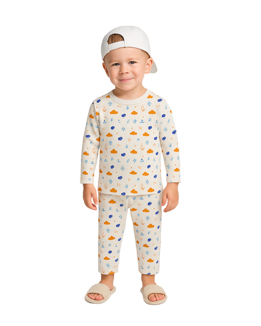 Luay® 100% Cotton Printed Combo Co-ord Set | Ultra-Soft Stylish & Classy Oufits | Full-Sleeve T-Shirt & Comfy Pants - White & Blue.