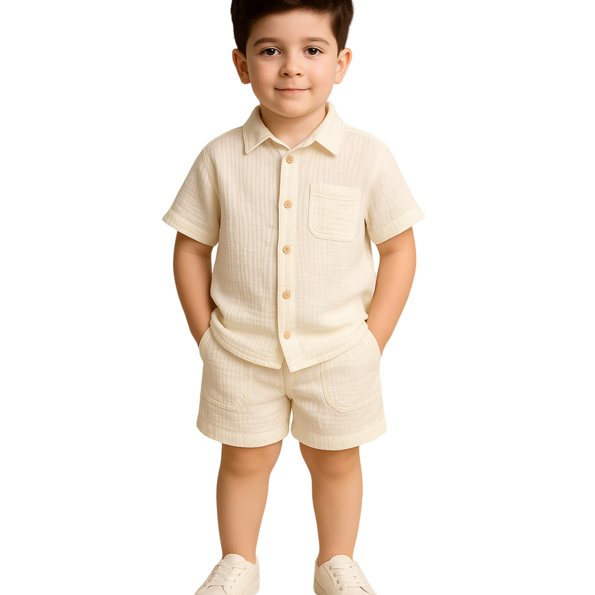 Luay® 100% Linen Shirt & Pant for Kids | Stylish Short-Sleeve Shirt & Comfy Shorts -offWhite.