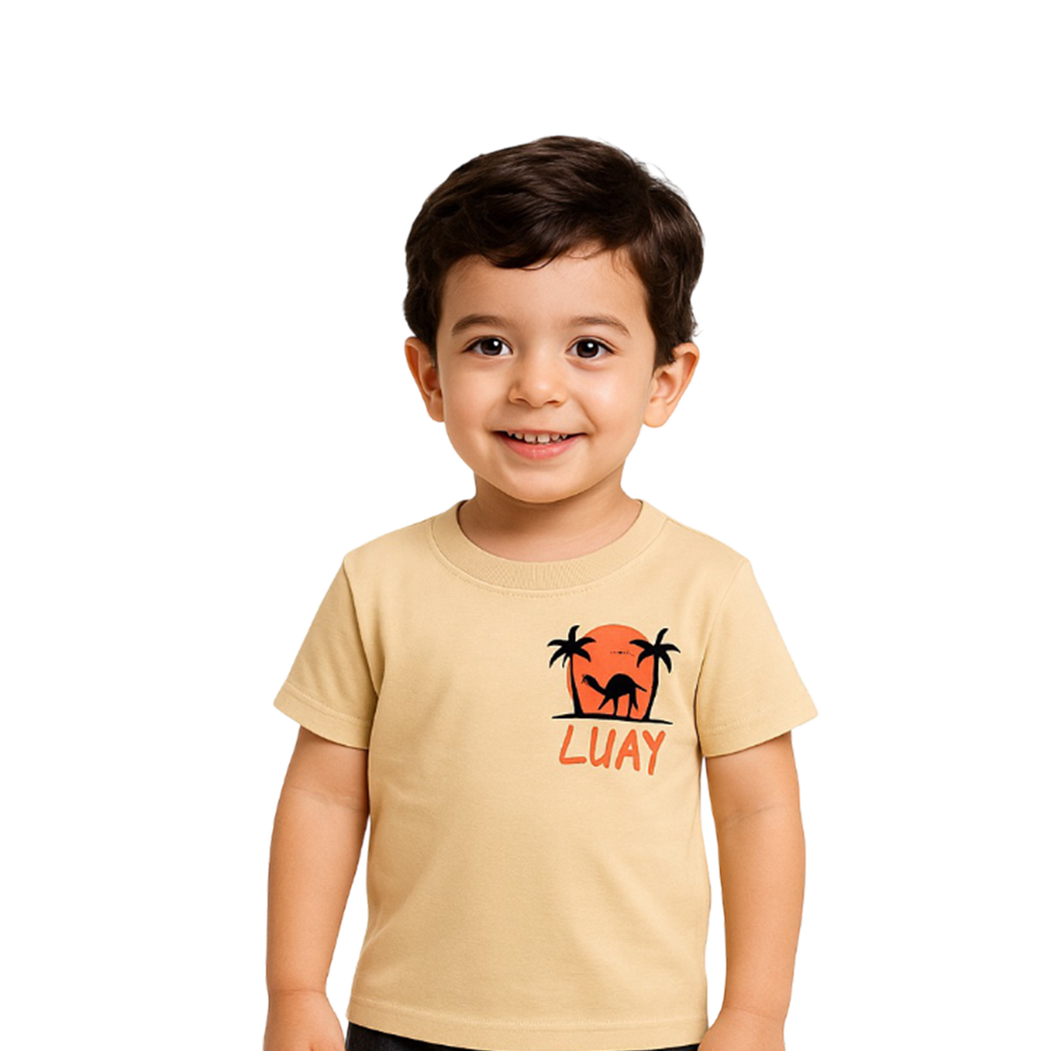 LUAY Baby Boys 100% Bamboo based Ultra- Soft fabric Half Sleeve T-Shirt with Charming Camel Palm Tree Print- Bleached Apricot