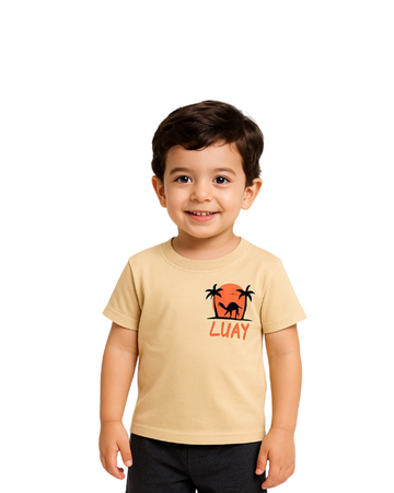 LUAY Baby Boys 100% Bamboo based Ultra- Soft fabric Half Sleeve T-Shirt with Charming Camel Palm Tree Print- Bleached Apricot