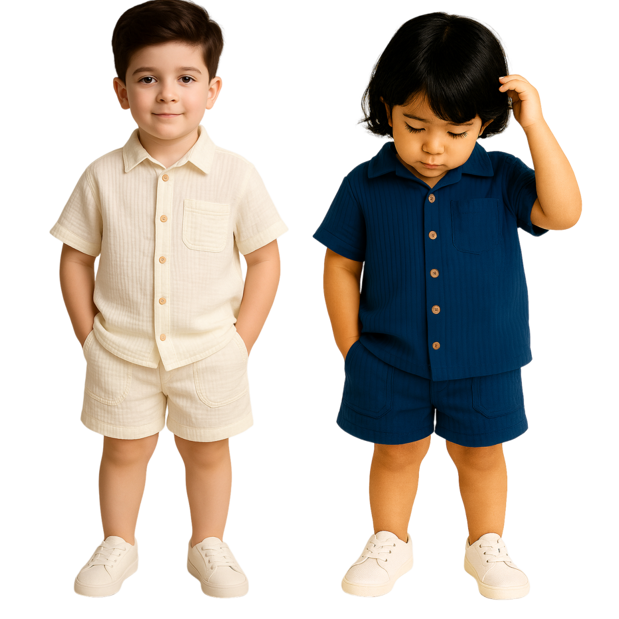 Luay® 100% Linen Pack of 2 | Stylish Short-Sleeve Shirt & Comfy Shorts Blue & offWhite.