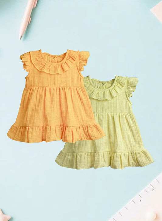 LUAY 100% Linen Baby Frock, with Frills, Dress for Baby Girls, Cute and Trendy Summer Dress for Babies (Pack of 2)