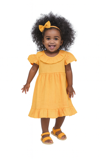 LUAY 100% Linen Mustard Baby Frock, with Frills, Dress for Baby Girls, Cute and Trendy Summer Dress for Babies.
